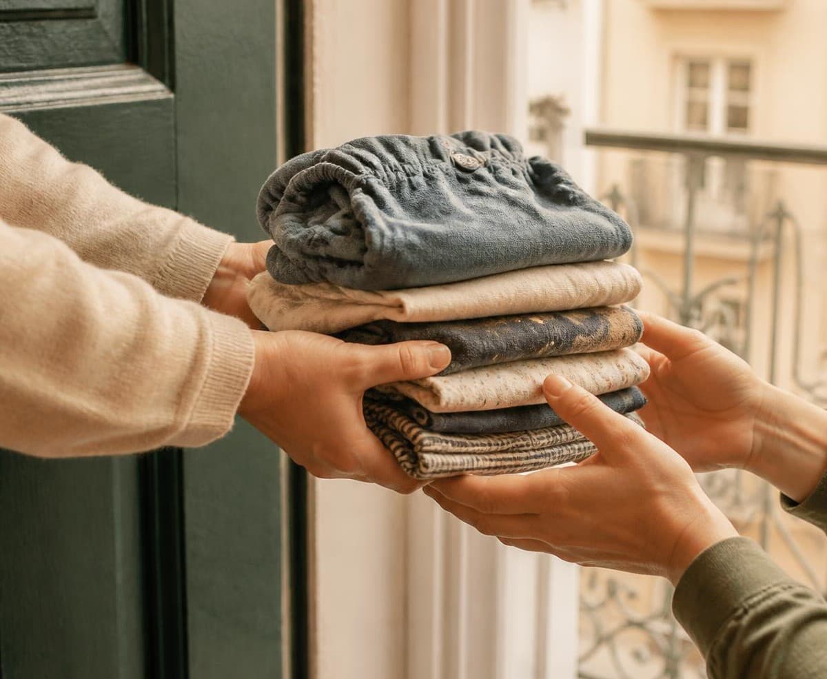 One parent handing a stack of folded toddler clothes to another in a Lisbon doorway