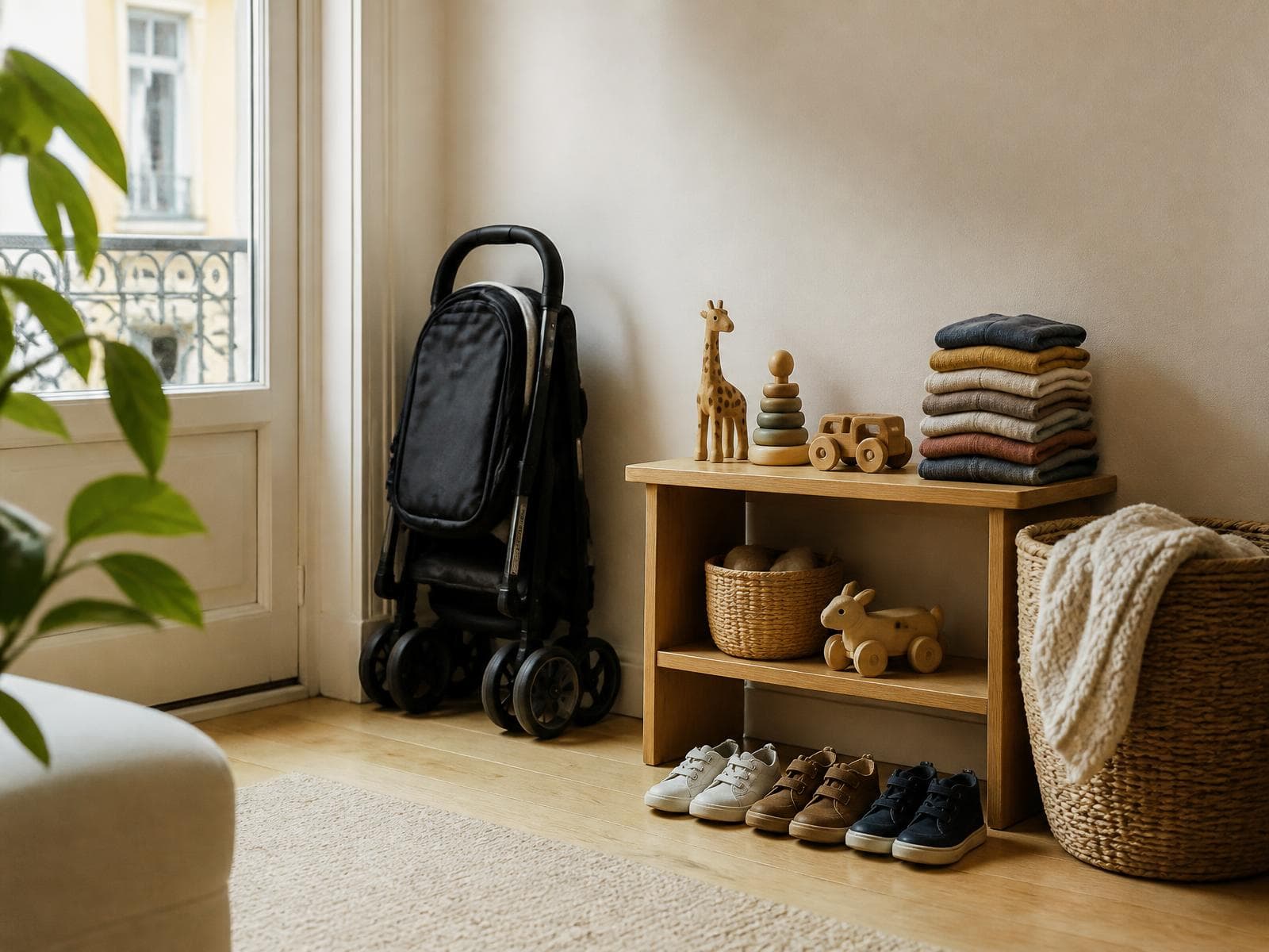 Folded children’s clothes, wooden toys and a stroller in a bright Lisbon apartment